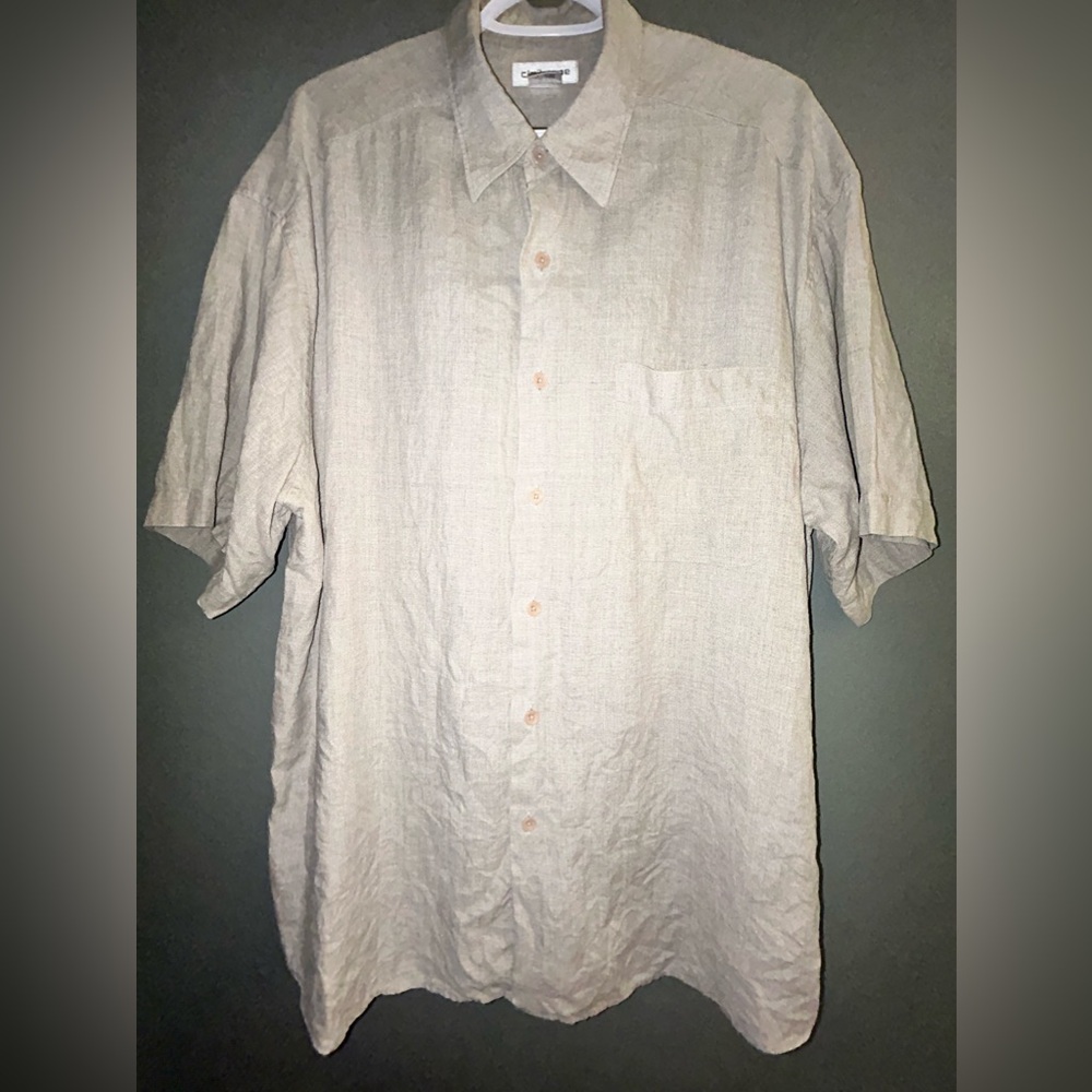 Liz CLAIBORNE Men’s LINEN short sleeved button down shirt w/ pocket TAN khaki L